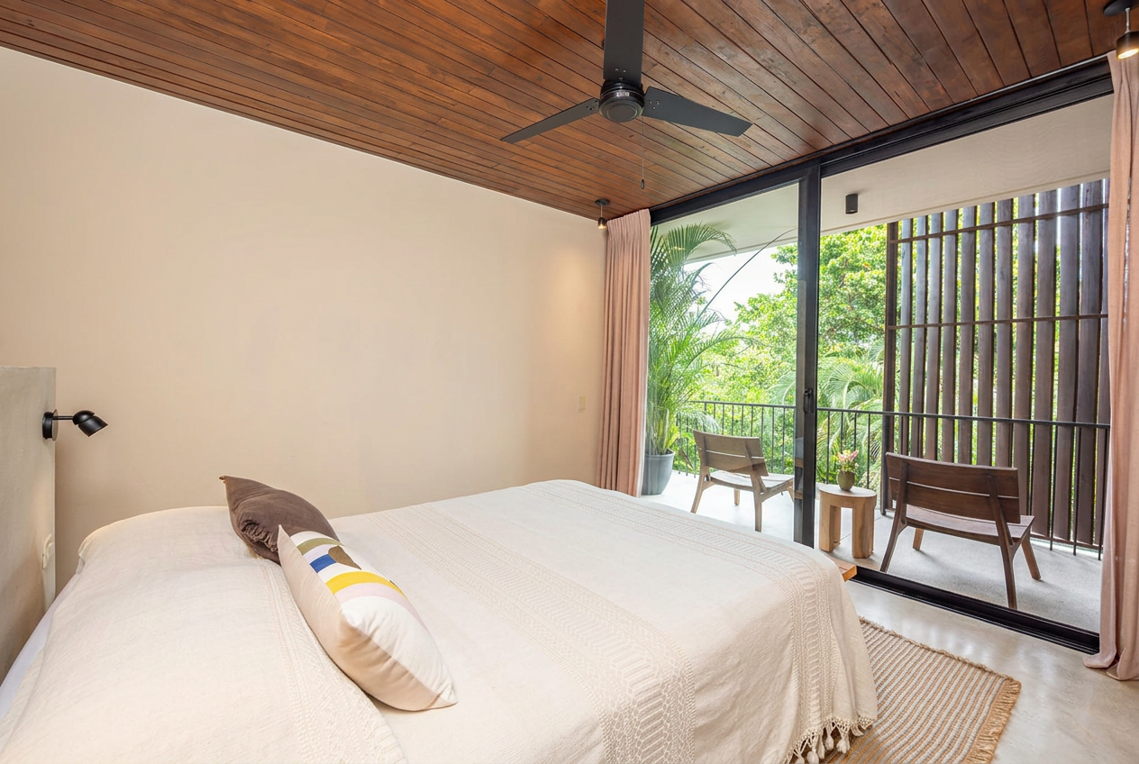 Suite Five — queen bed with brass sconces and sliding doors to the balcony